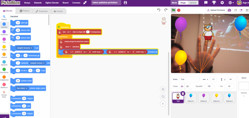 Pictoblox ile Yapay Zeka Destekli El Tanıma ve Balon Patlatma Oyunu